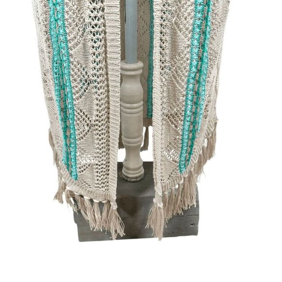 Chicos XL Open Knit Duster Cardigan Spring Summer Teal Mix Fringe Boho Size 3 - Picture 6 of 10